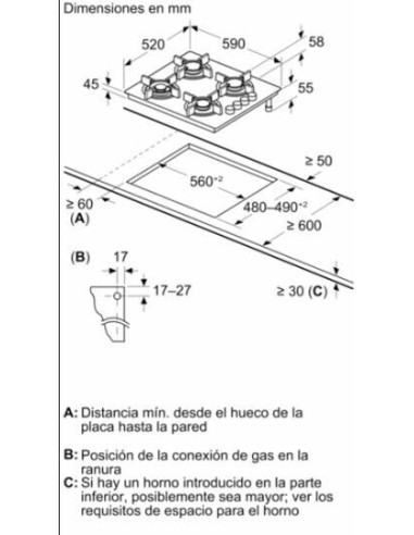 PLACA DE GAS CRISTAL NEGRO DE 60cm