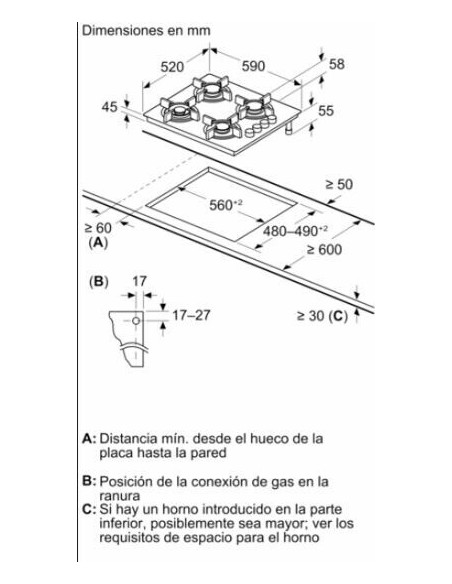 PLACA DE GAS CRISTAL NEGRO DE 60cm