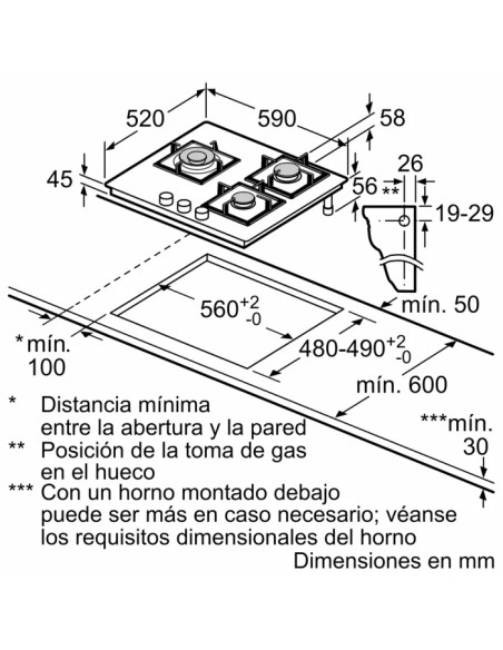 PLACA DE GAS 3 FGOS. CRISTAL NEGRO DE 60cm