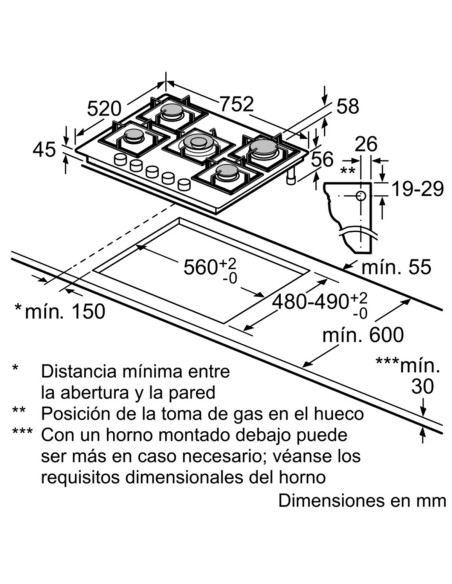 PLACAS DE GAS 5 FGOS. CRISTAL NEGRO DE 75cm