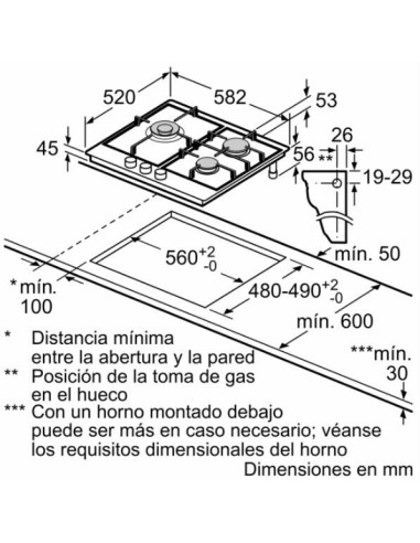 PLACA DE GAS EN ACERO 3 FGOS. DE 60cm