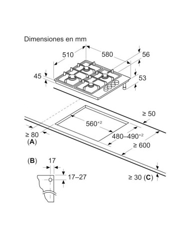 PLACA DE GAS 4 FGOS. EN ACERO DE 60cm