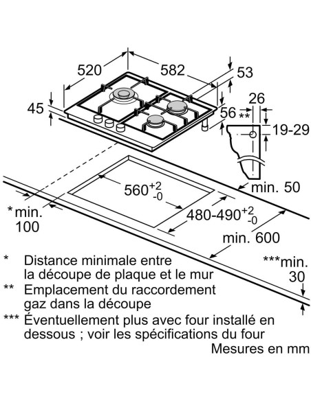 PLACA DE GAS 3 FUEGOS EN ACERO 60cm BOSCH