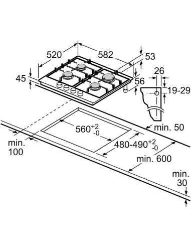 PLACA DE GAS 4 FGOS. EN ACERO DE 60cm...