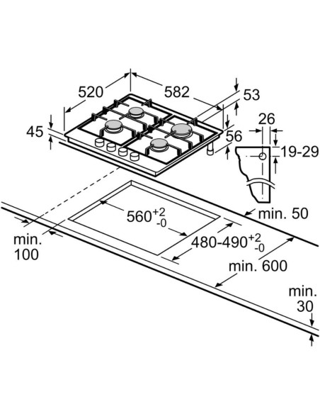PLACA DE GAS 4 FGOS. EN ACERO DE 60cm BOSCH