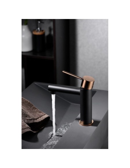 GRIFO DE LAVABO IMEX MONOMANDO NEGRO ORO ROSA MODELO MILOS STICK