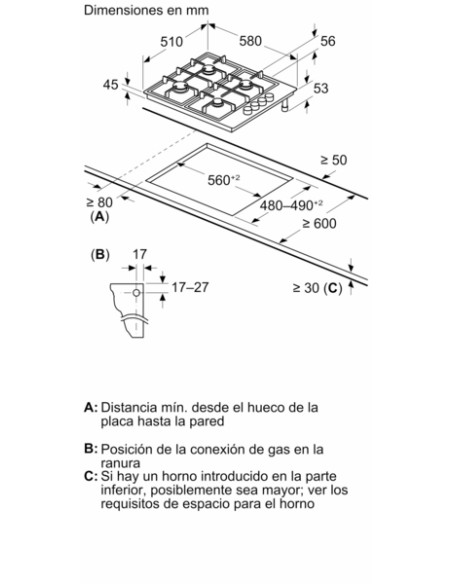 PLACA DE GAS 4 FGOS. EN ACERO 60cm DE BALAY