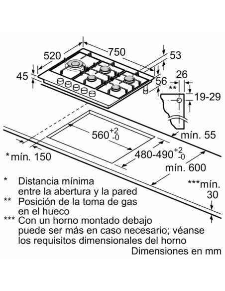 PLACA A GAS DE 5 FGOS. 75cm EN ACERO DE BOSCH