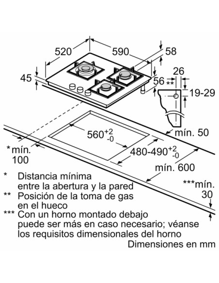 PLACA A GAS DE 3 FGOS. VIDRIO TEMPLADO DE BOSCH