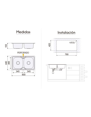 FREGADOR NEGRO  DOS SENOS MODELO DUBLIN