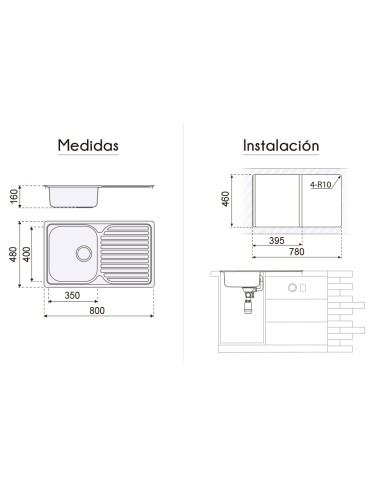 FREGADOR DE UN SENO EN NEGRO INOX...